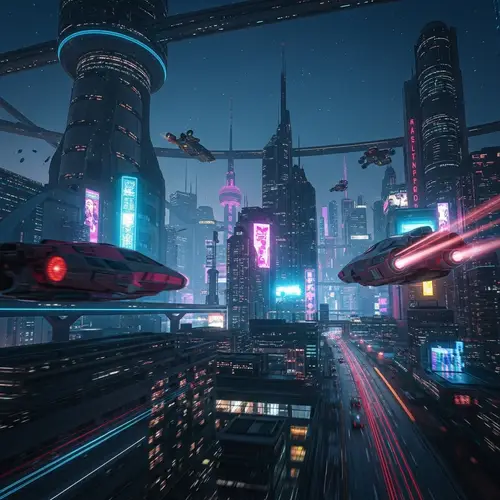 Futuristic Cityscape Nightfall: Cyberpunk Metropolis Energy