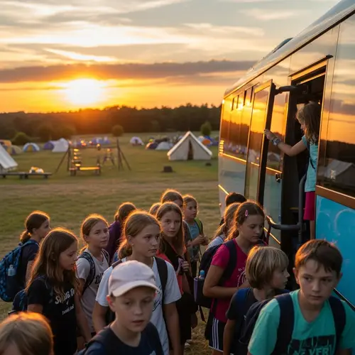 Children Boarding Bus at Summer Camp | Tranquil Landscape View