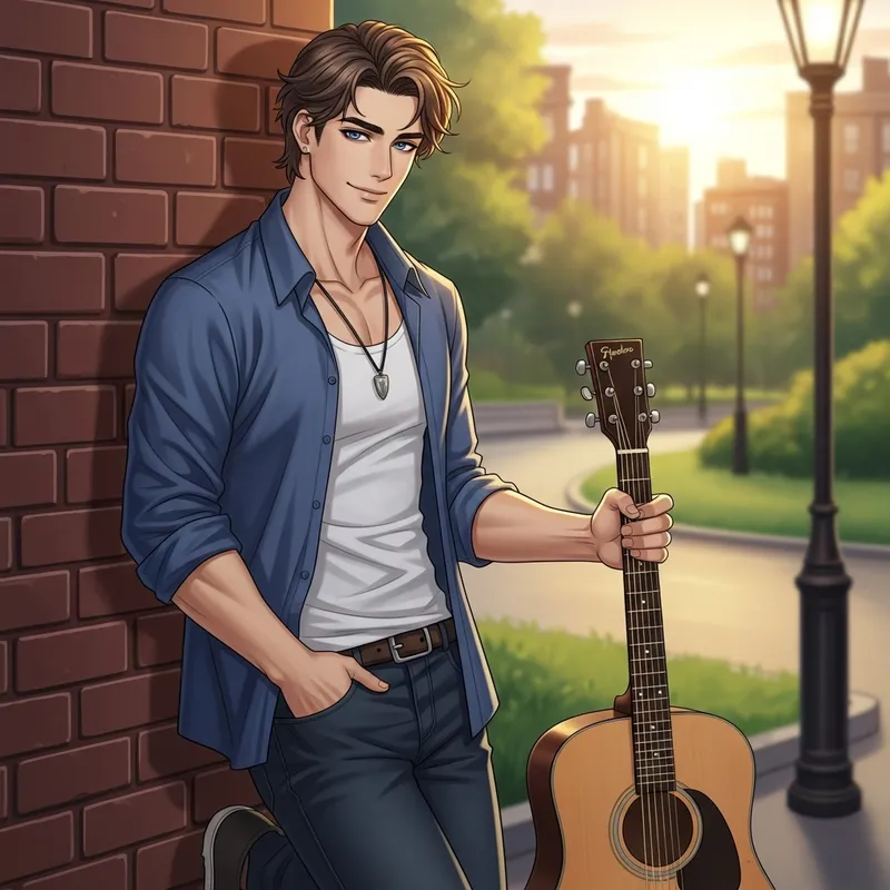Charming Guitar Player with Muscular Physique | Serene Park Sunset Charming Guitar Player with Muscular Physique | Serene Park Sunset