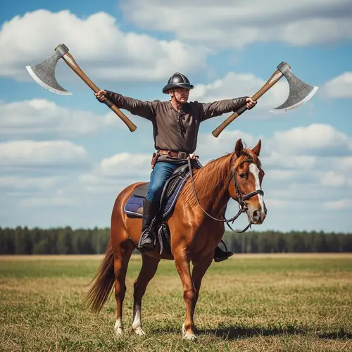Surreal Transformation: Man on Horse with Shifting Hands to Axes