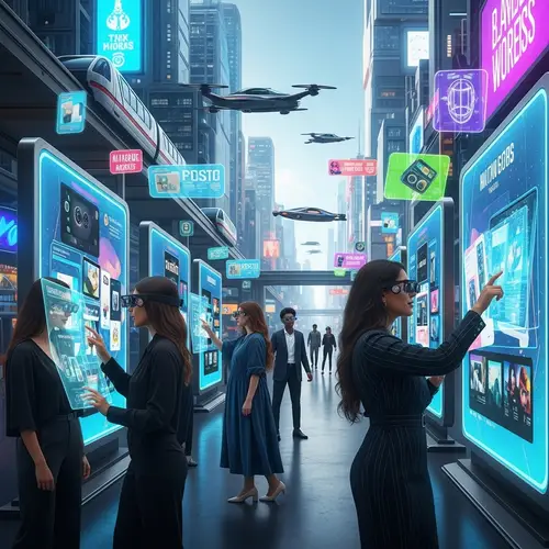 Futuristic Digital Marketing Scene with Neon Holographic Billboards