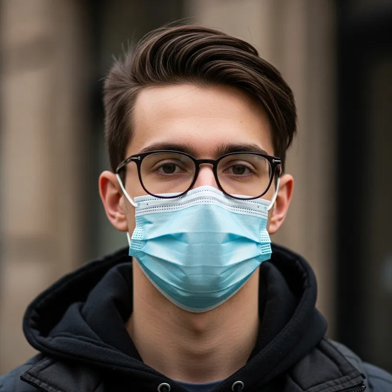 Average Young Man with Stylish Glasses and Surgical Mask