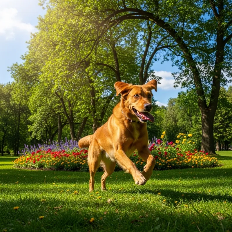Colorful Park Scene Featuring a Joyful Dog