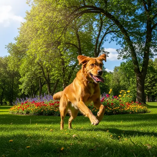 Healthy Domestic Dog Running in Lush Green Park