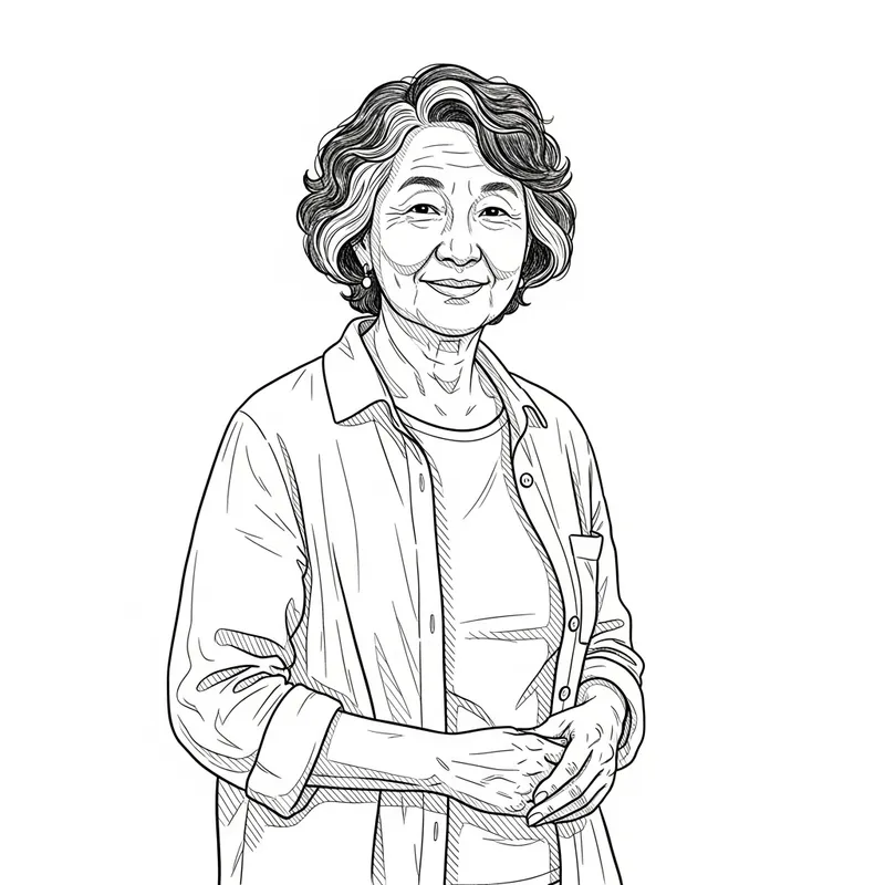 Black and White Drawing of a Smiling Asian Woman