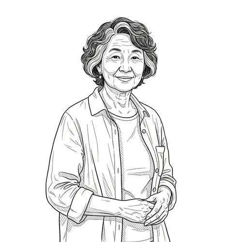 Black and White Drawing of a Smiling Asian Woman