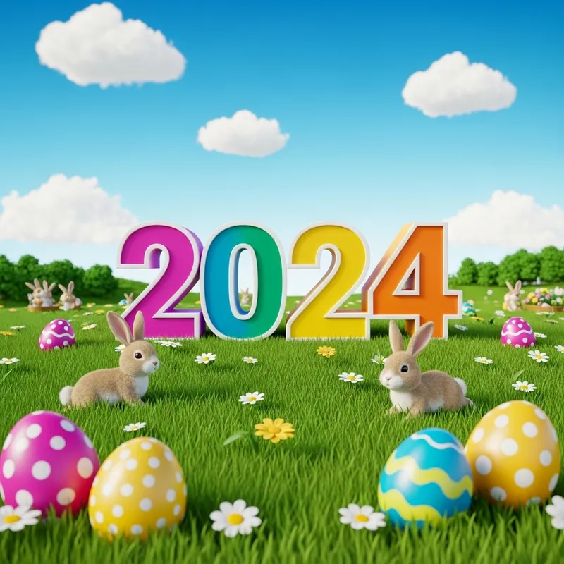 2024 Easter Sign and Bunnies - Vibrant Spring Scene 2024 Easter Sign and Bunnies - Vibrant Spring Scene
