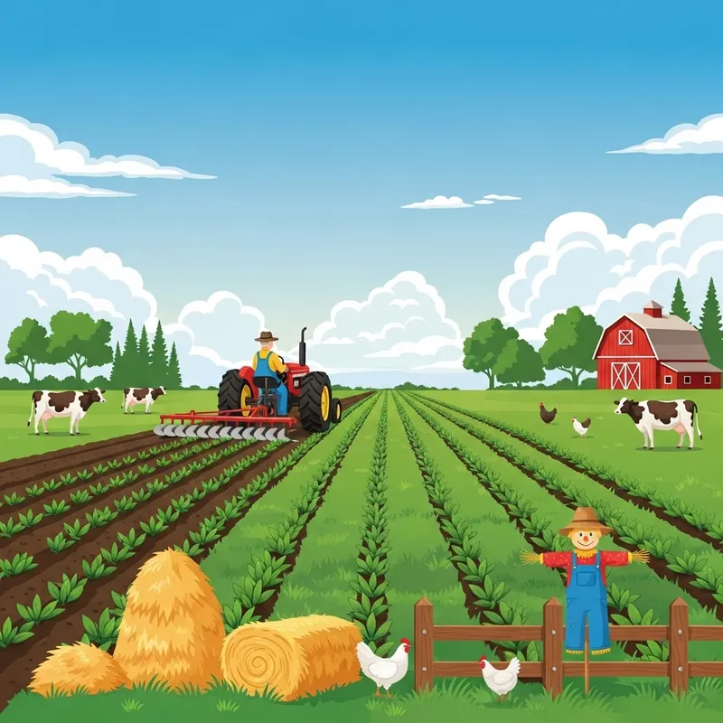 Realistic Agriculture Scene: Green Field, Crops, Tractor & Farm Animals Realistic Agriculture Scene: Green Field, Crops, Tractor & Farm Animals
