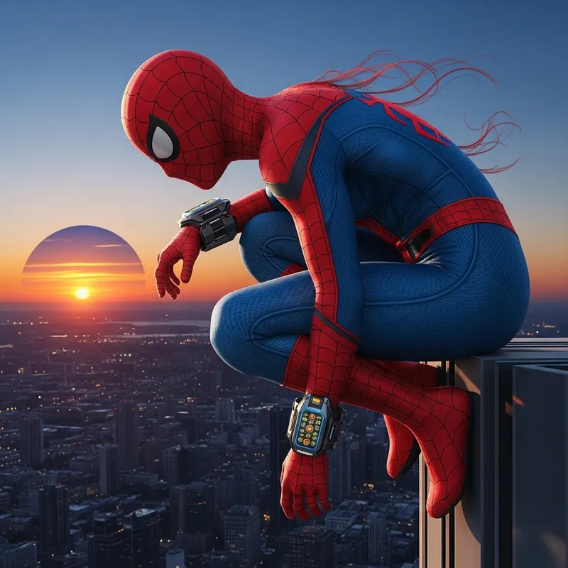 Epic Spider-Man Action: Superhero on a Dusk Rooftop
