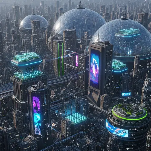 Futuristic Cyberpunk Cityscape with Advanced Water-Saving Technology