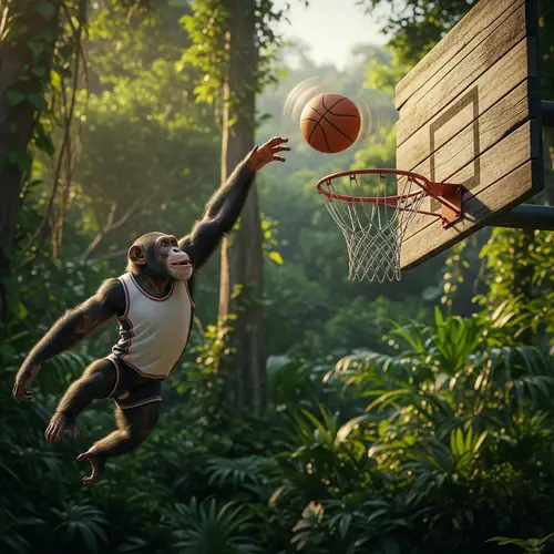 Chimpanzee Playing Basketball in Lush Jungle | Exciting Scene