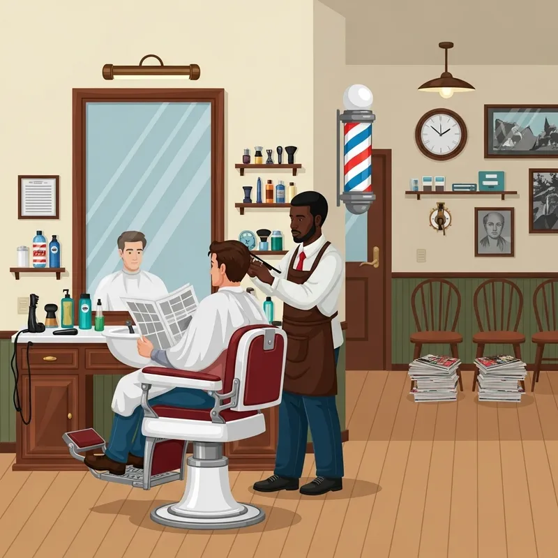 Vintage Barbershop Scene with Black and White Male Customers