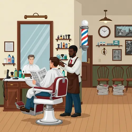 Vintage Barbershop Scene with Black Male Barber and White Male Customer