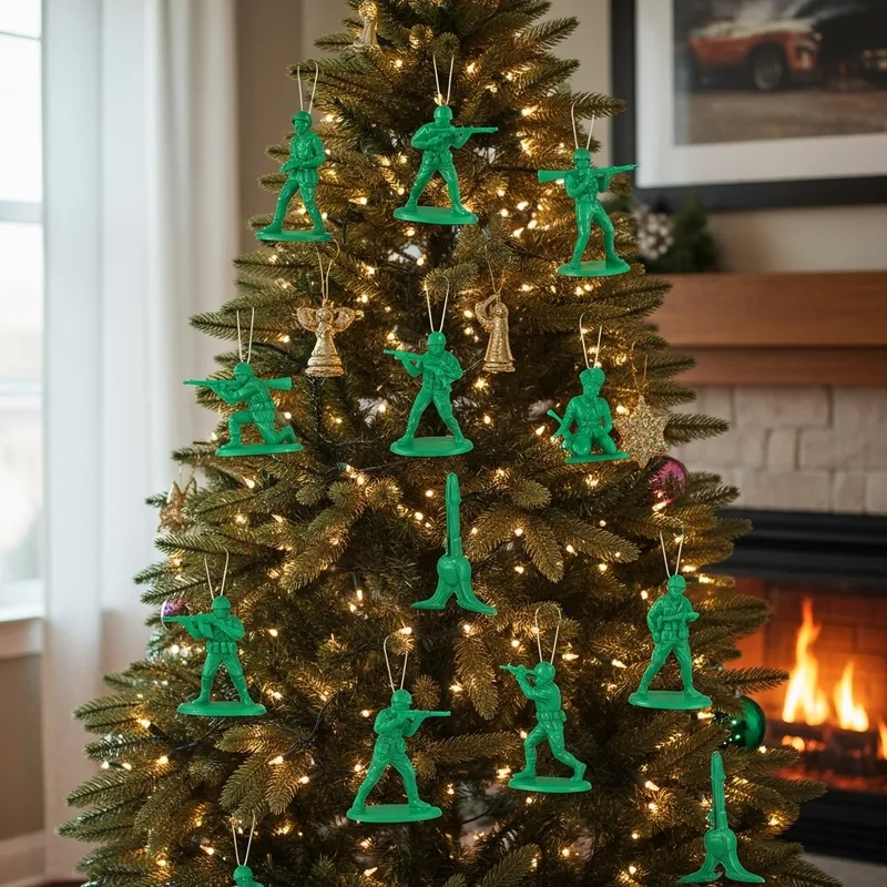 Christmas Tree Decorated with Small Plastic Army Green Soldiers