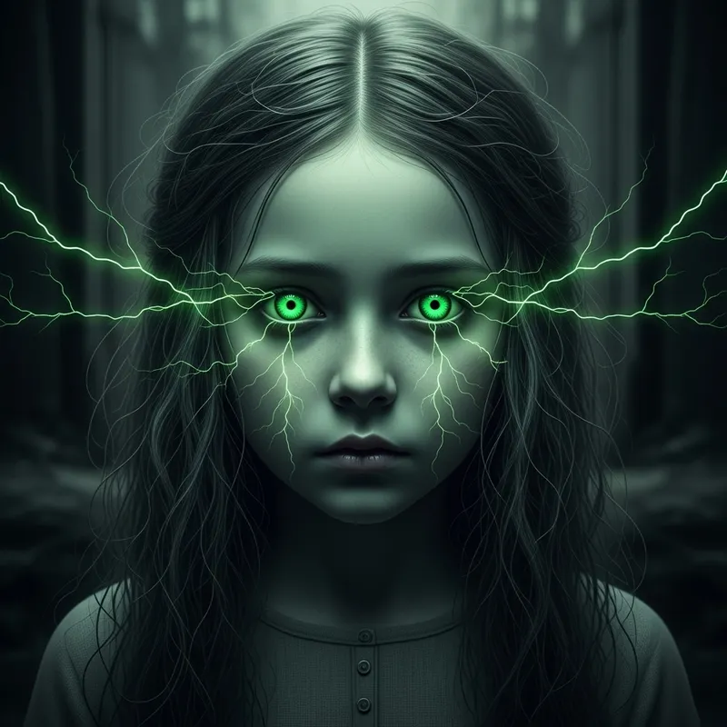 Spooky Ghost Girl with Green Eyes and Lightning Spooky Ghost Girl with Green Eyes and Lightning