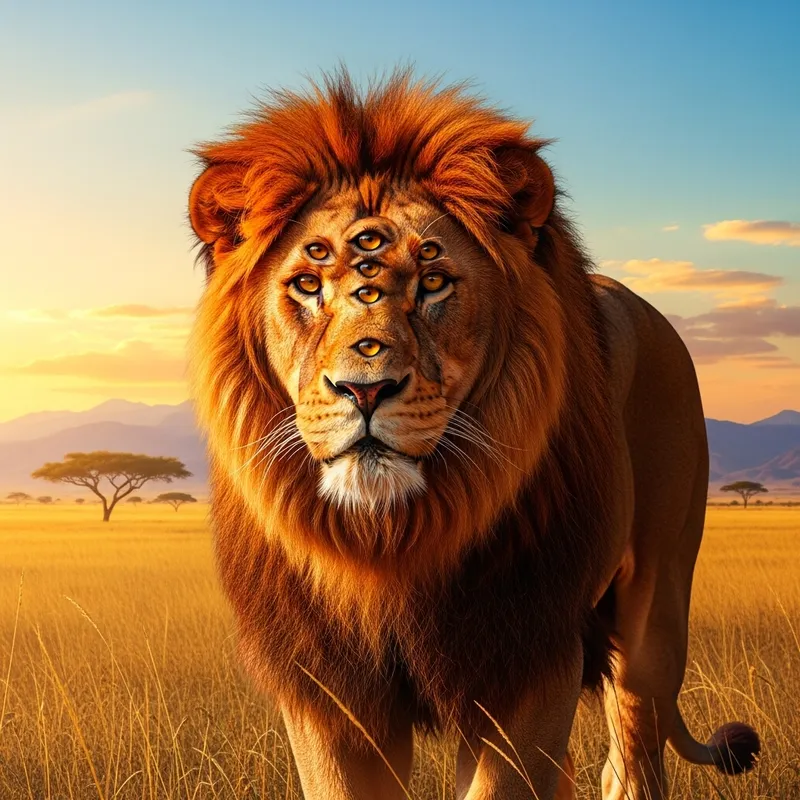 Red Lion with 3 Eyes in Vast Savannah