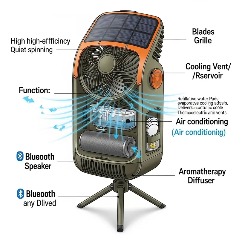 Sketch Drawing: Solar Hybrid Mini Fan with Cooling, Speaker & Aromatherapy