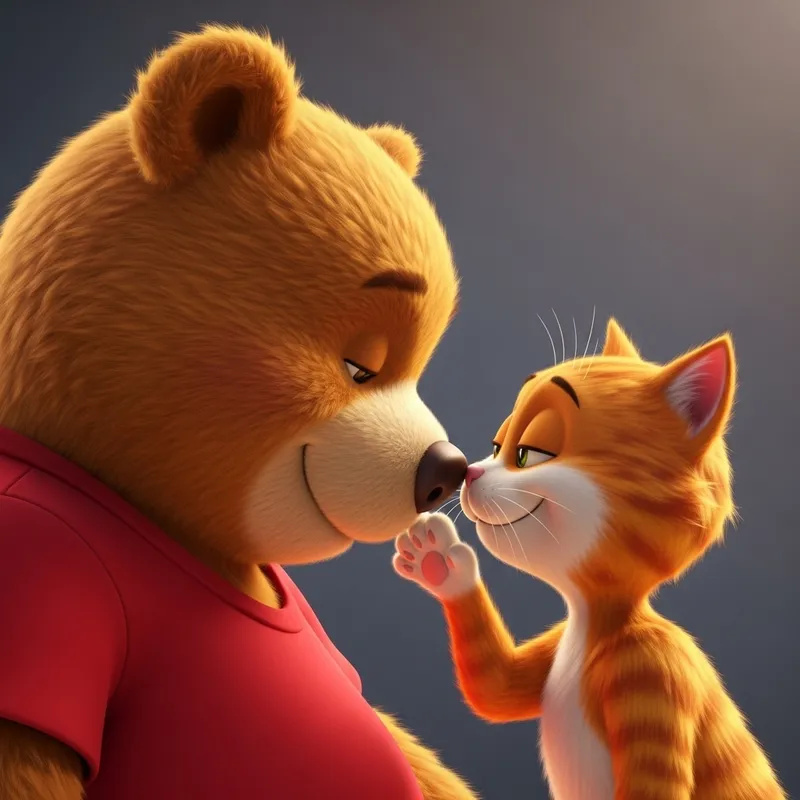 Heartwarming Bear-Cat Love Kiss in 3D Scene