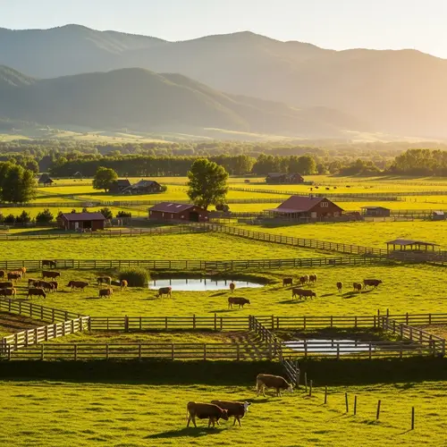 Serene Countryside Farms with Cattle and Red Roofs
