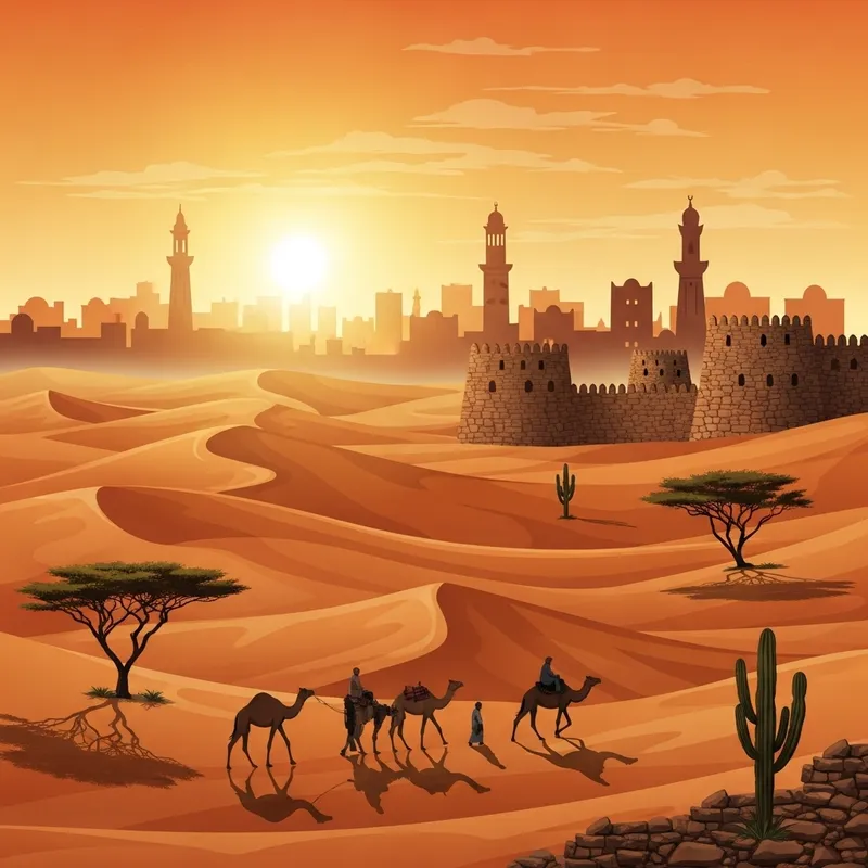 Serene Yemen Desert Landscape with Camels at Sunset