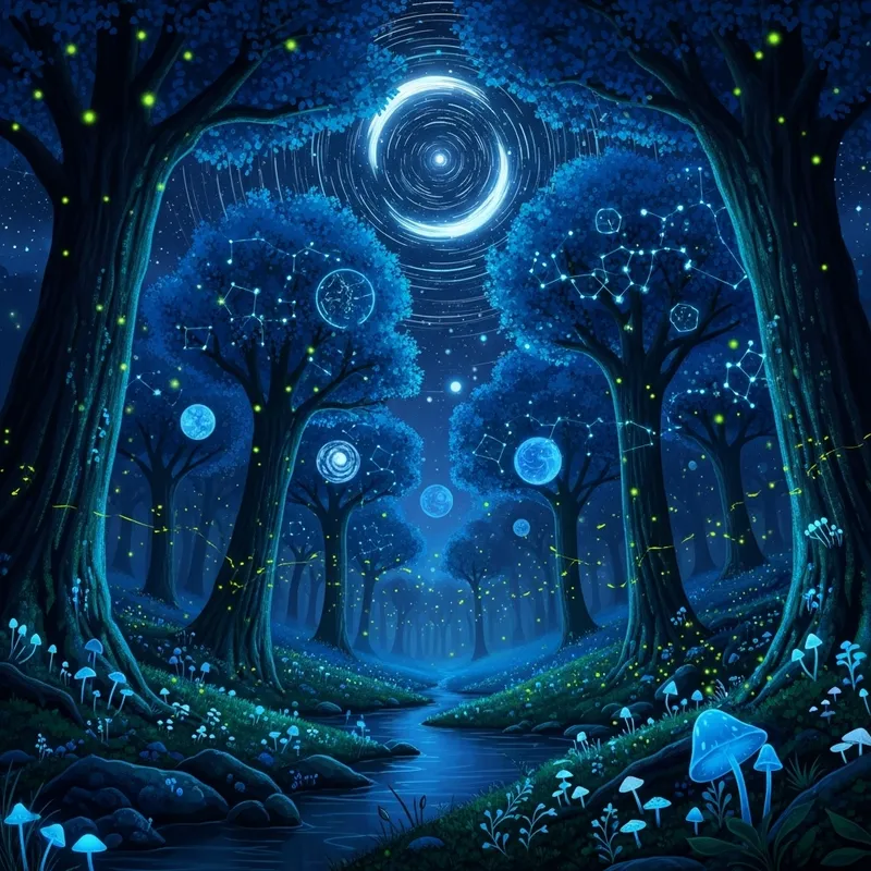 Magical Night Glowing Forest: Enchanted Flora & Celestial Harmony Magical Night Glowing Forest: Enchanted Flora & Celestial Harmony