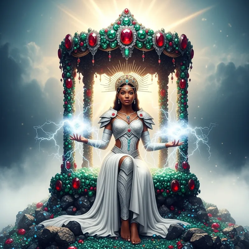Black Woman on Emeralds & Rubies Rock: Ethereal Power and Elegance