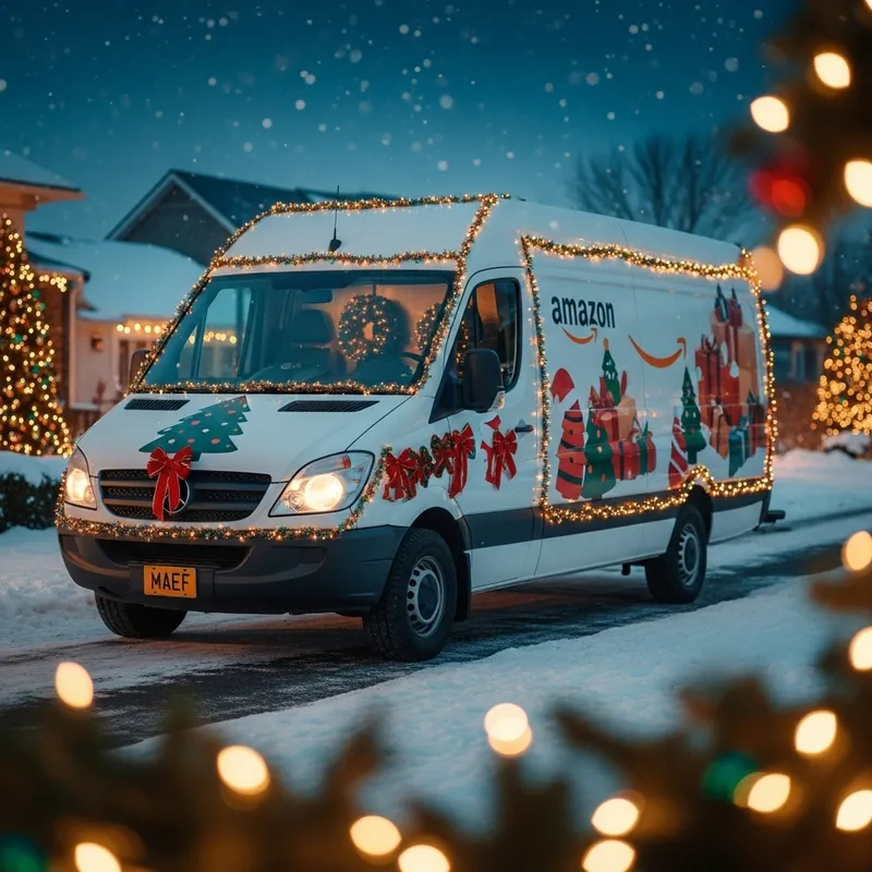 Festive Holiday Amazon Delivery Van in Snowy Neighborhood Festive Holiday Amazon Delivery Van in Snowy Neighborhood