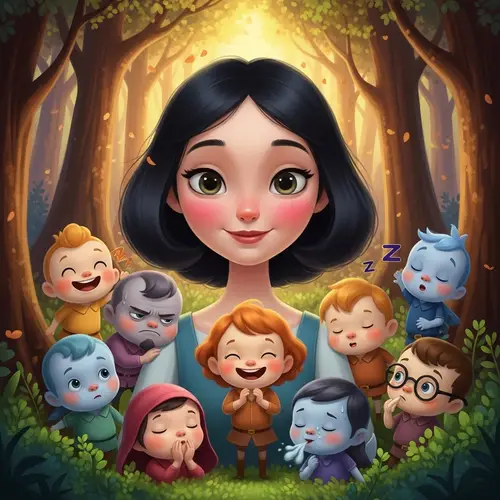 Enchanting Fairytale Scene with Young Woman and Seven Quirky Companions