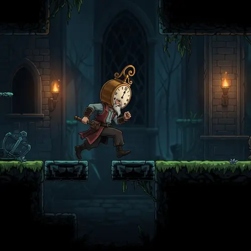 2D Mystical Medieval Platformer Game with Clock Head Character