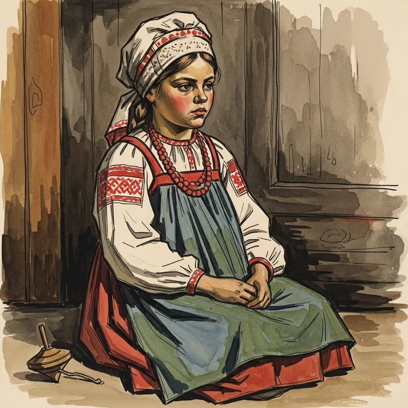 Young Caucasian Girl in Traditional Russian Attire: Social Realism Depiction