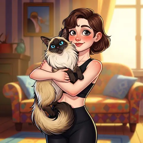 Colorful Animation-inspired Portrait of a Young Woman and Her Feline Companion