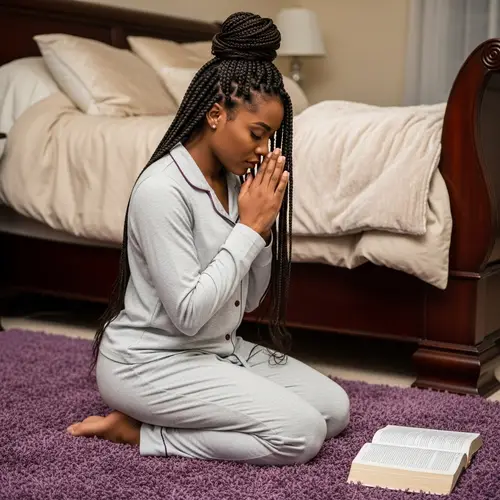 African American Woman Kneeling in Prayer | Graceful Bedroom Scene