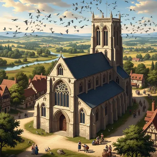 Awe-Inspiring Medieval Church Surrounded by Soaring Birds