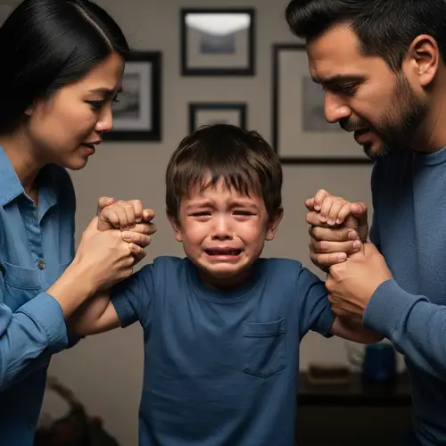 Emotionally Distraught Young Boy with Supportive Parents at Home