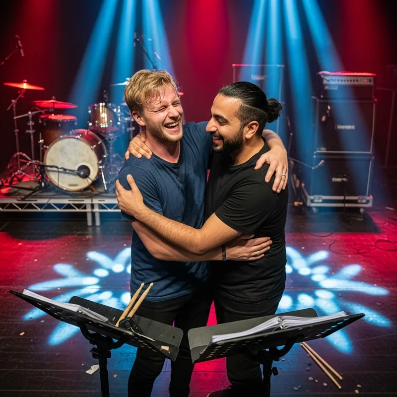Blond and Dark-Haired Men Share Joyous Hug on Stage After Rock Band's Performance Blond and Dark-Haired Men Share Joyous Hug on Stage After Rock Band's Performance