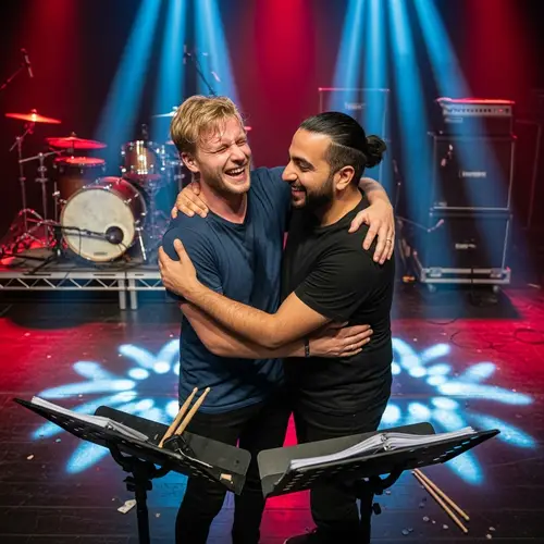 Blond and Dark-Haired Men Embrace on Stage After Rock Band Show