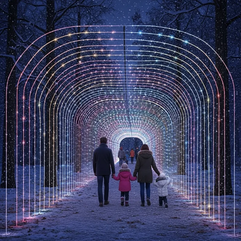 Enchanting Luminous Tunnel with Magical Family Walk in Snowy Arboreal Setting