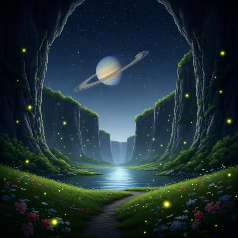 Enchanting Night Landscape: Cliffs, Fireflies, Lake, Saturn
