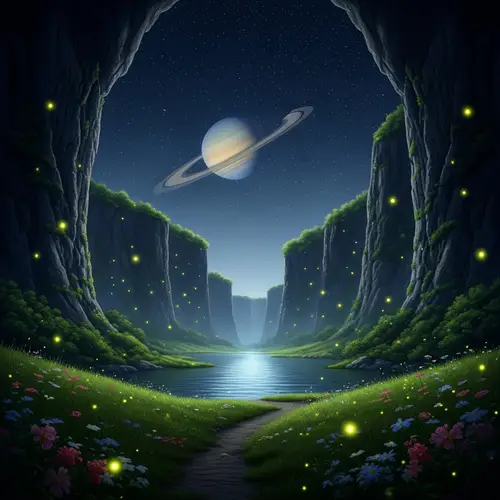 Enchanting Night Landscape with Fireflies, Lake, and Saturn