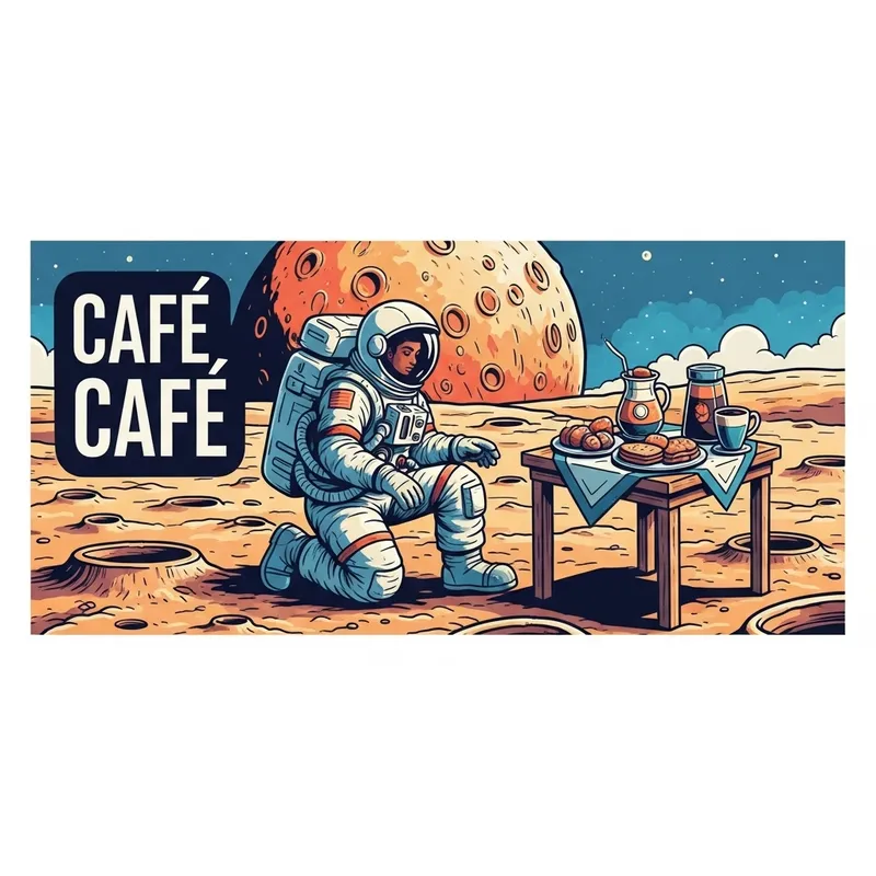 Astronaut Dining on Moon: Colorful Cafe Banner Astronaut Dining on Moon: Colorful Cafe Banner