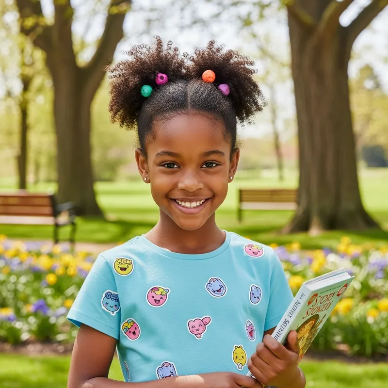 Innocent 9-Year-Old Black Girl Portrait | Playful Ponytail & Storybook