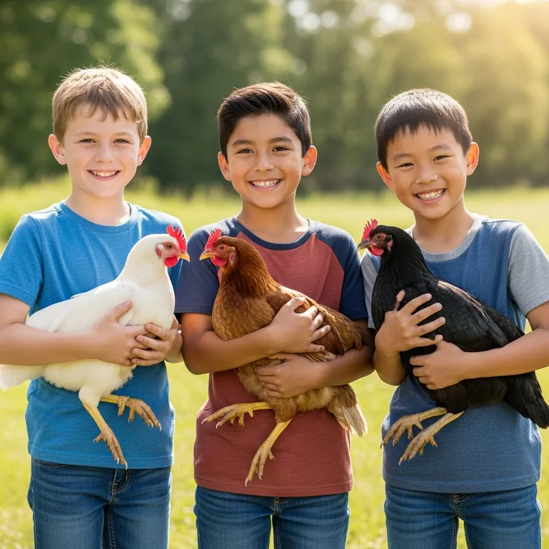 3 Happy Boys Holding Colorful Hens Outdoors 3 Happy Boys Holding Colorful Hens Outdoors