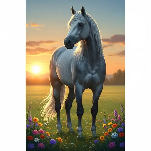 Majestic Horse in Tranquil Meadow at Sunset