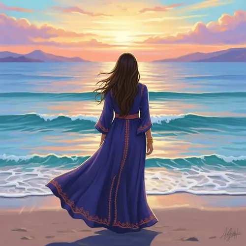 Tranquil Seascape: Middle-Eastern Woman at Sunset Beach
