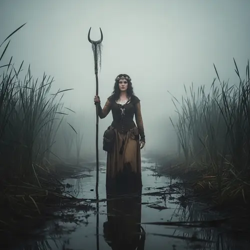 Mysterious Swamp Princess in Ethereal Garb Emerging from Fog
