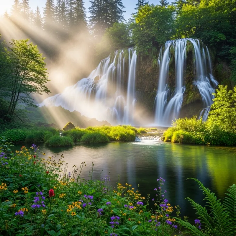 Majestic Natural Landscape with Sunrays, Waterfalls, and Mist Majestic Natural Landscape with Sunrays, Waterfalls, and Mist