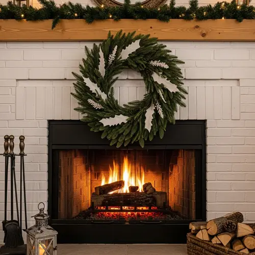 Cozy Fireplace with Minimal Christmas Wreath
