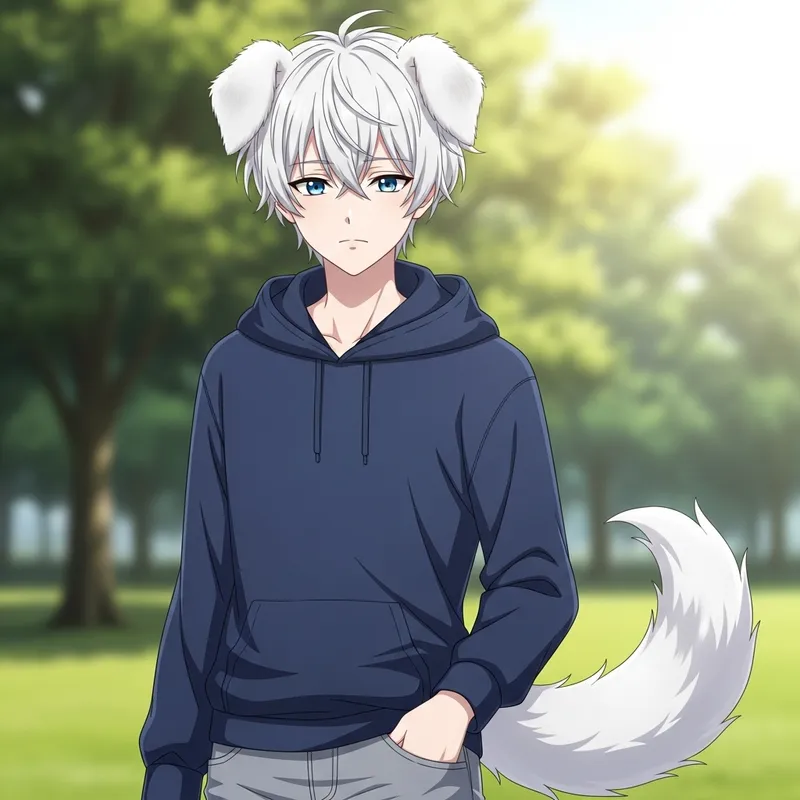 16-Year-Old Boy with Dog Ears, Dog Tail, White Fur, Pale Skin & Blue Eyes