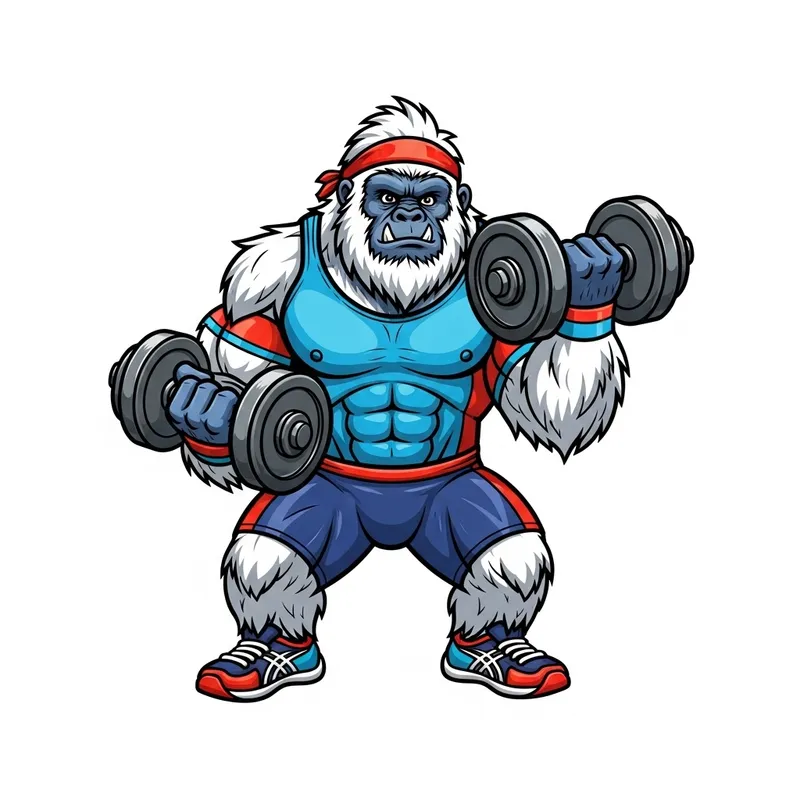 Energetic Yeti Lifts Dumbbells in Vivid Sports Attire