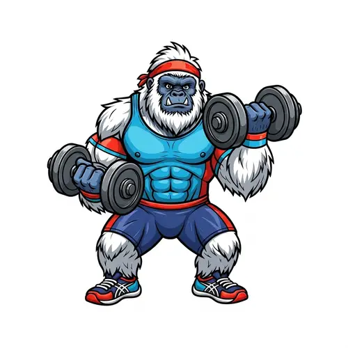 Energetic Yeti in Bright Sports Attire Lifts Dumbbells